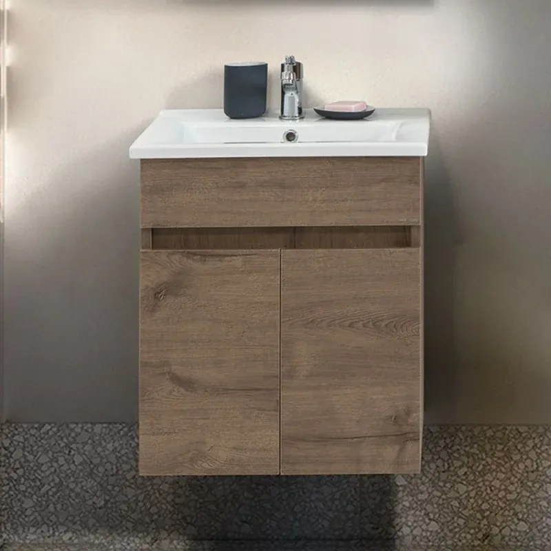 Mobile bagno sospeso 55 cm rovere scuro con specchio contenitore Mona