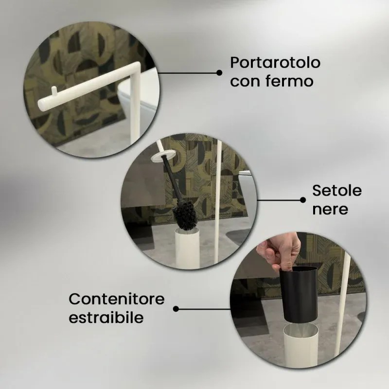 Piantana porta rotolo e scopino da appoggio in acciaio bianco opaco Style