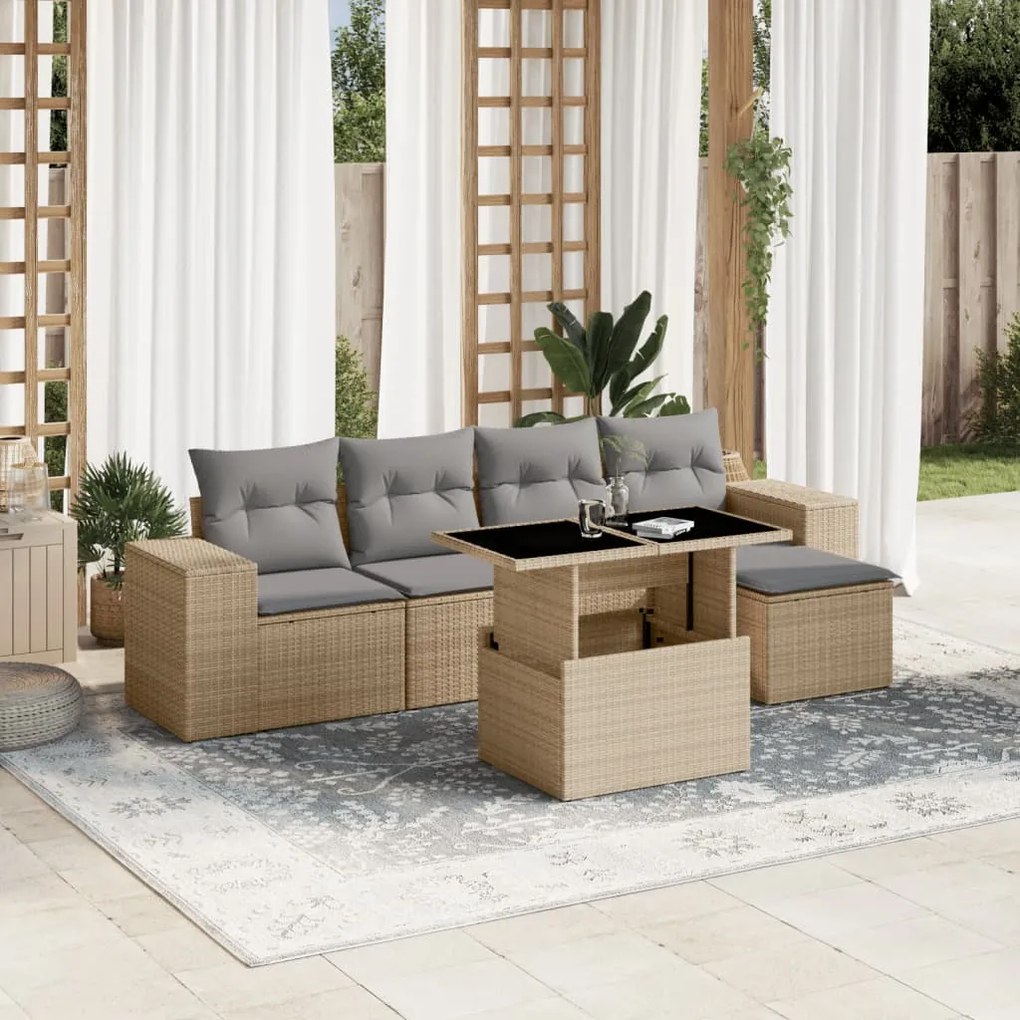 Set divano da giardino 6 pz con cuscini beige in polyrattan