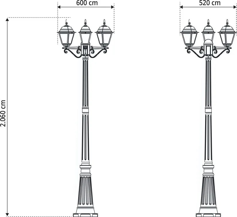 Lampione Storico con 3 Lanterne 200cm E27 IP54 Nero - Serie ALFIERI