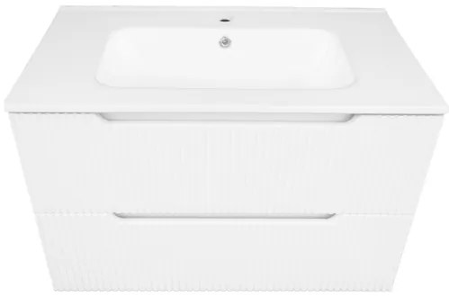 Mobile Da Bagno Cannettato 100 Cm Con Lavabo Specchio E Led LINE - Bianco Lucido