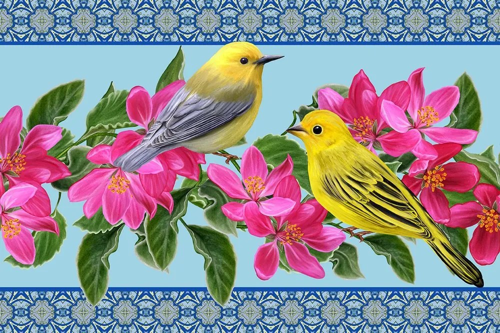 Carta da parati – Uccellini e fiori in stile vintage