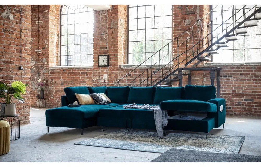 Divano letto angolare in velluto color petrolio (angolo sinistro) Lofty Lilly - Miuform