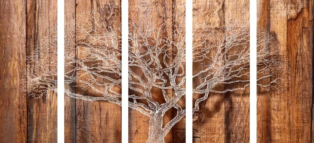 Quadri 5 pezzi – Albero su sfondo di legno