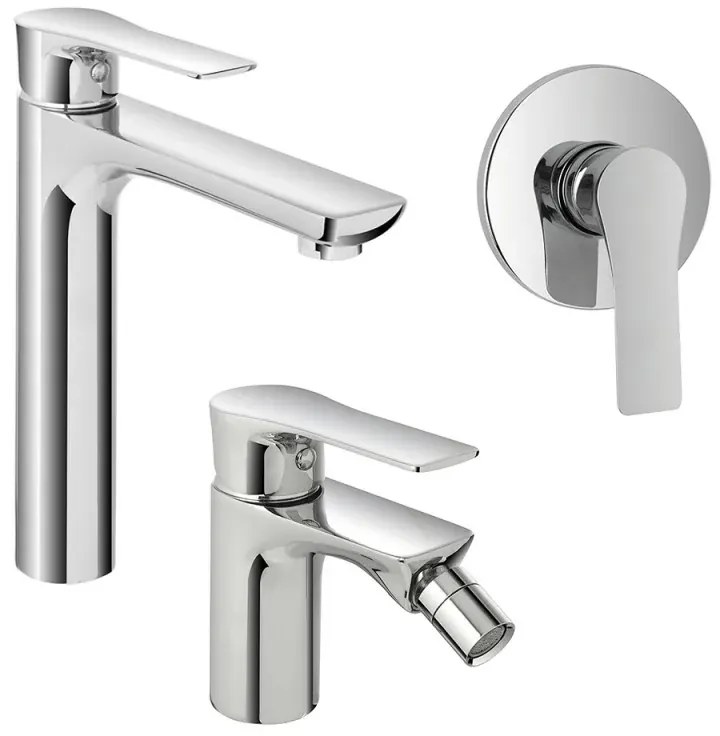 Set miscelatori lavabo alto bidet e doccia Flat con piletta click clack