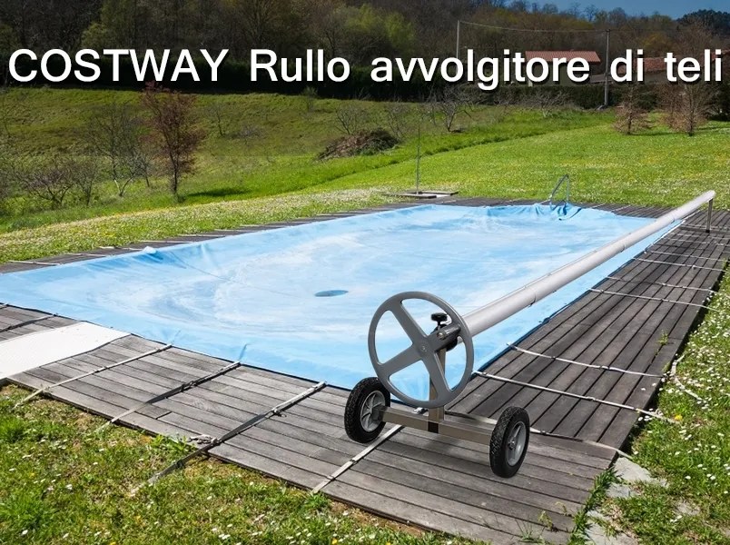 Costway Rullo avvolgitore di teli per piscina in alluminio con telaio e 7 cinghie con clip lunghezza regolabile