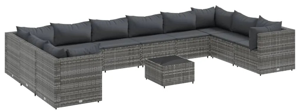 Set divani da giardino 11 pz con cuscini in polyrattan grigio