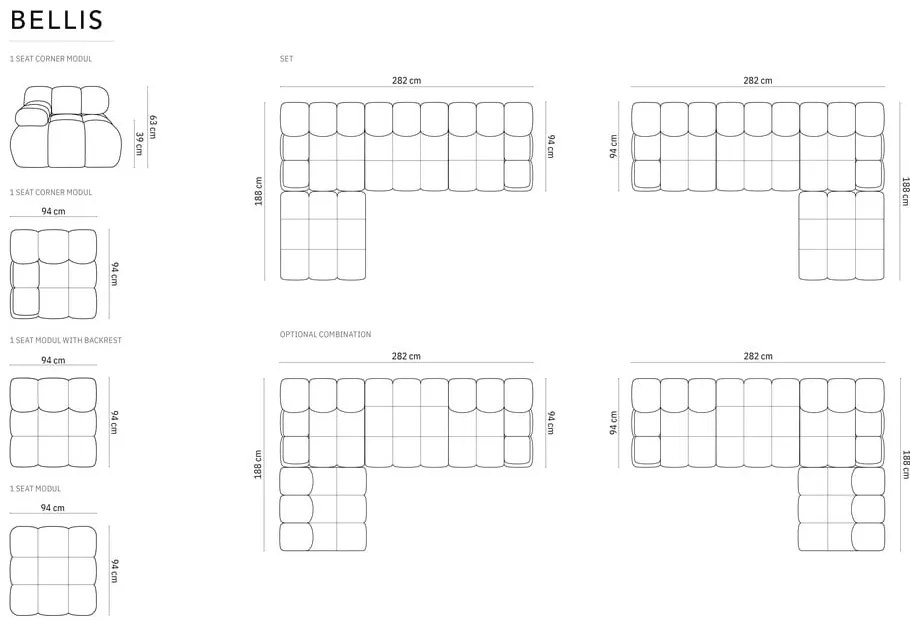 Divano angolare componibile beige (con composizione variabile) con rivestimento in velluto Bellis – Micadoni