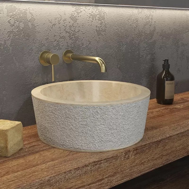 Lavabo da appoggio rotondo in marmo crema 40cm | Litos-TC40 - KAMALU
