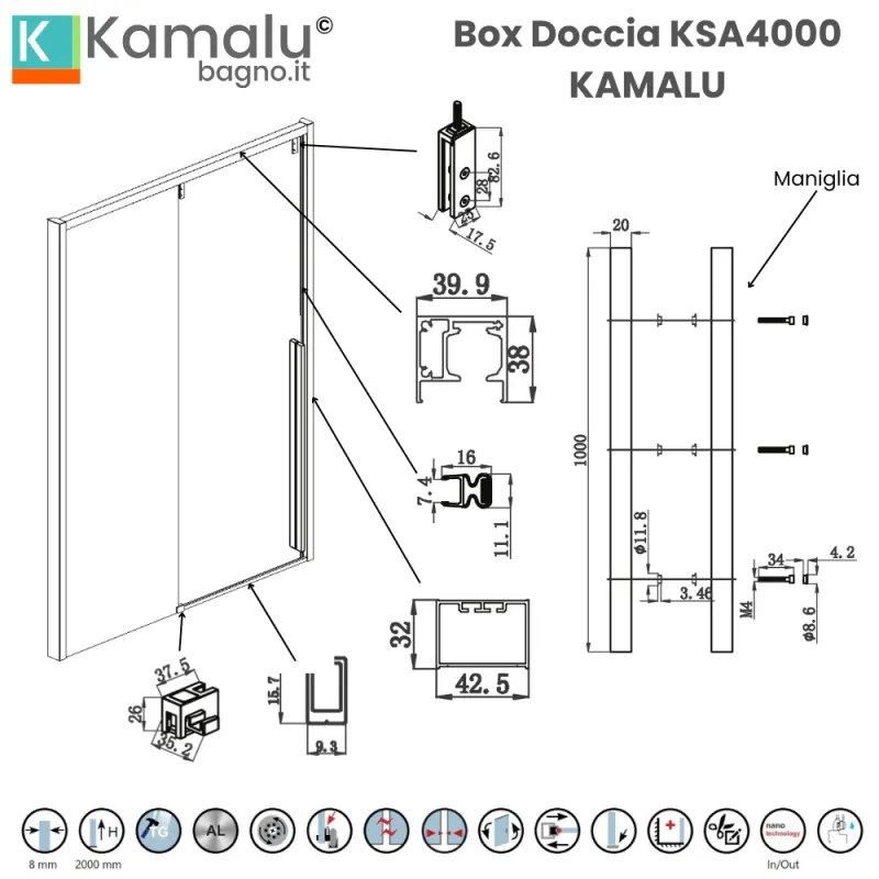 Kamalu - Doccia nicchia 140cm finitura acciaio spazzolato | KSA4000AS