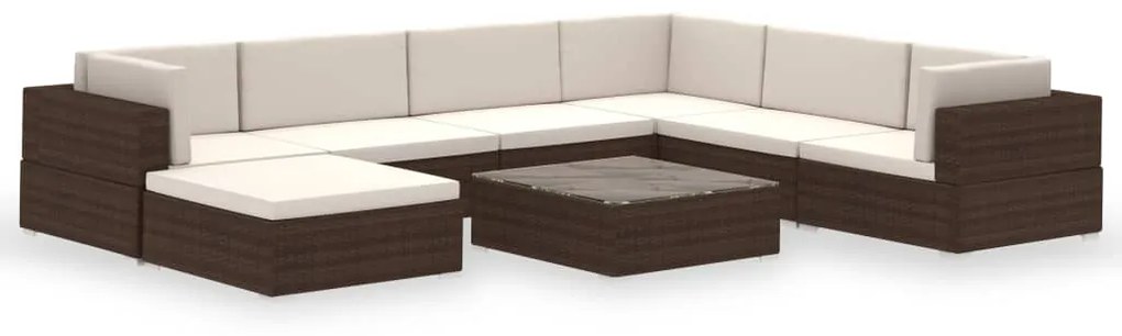 Set divani da giardino 8 pz con cuscini in polyrattan marrone