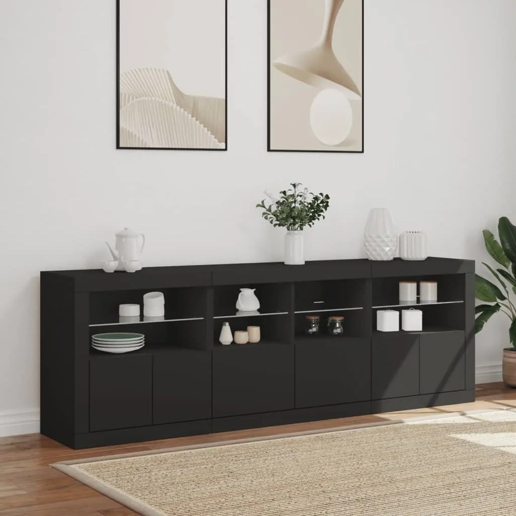 Credenza con luci led nera 202x37x67 cm