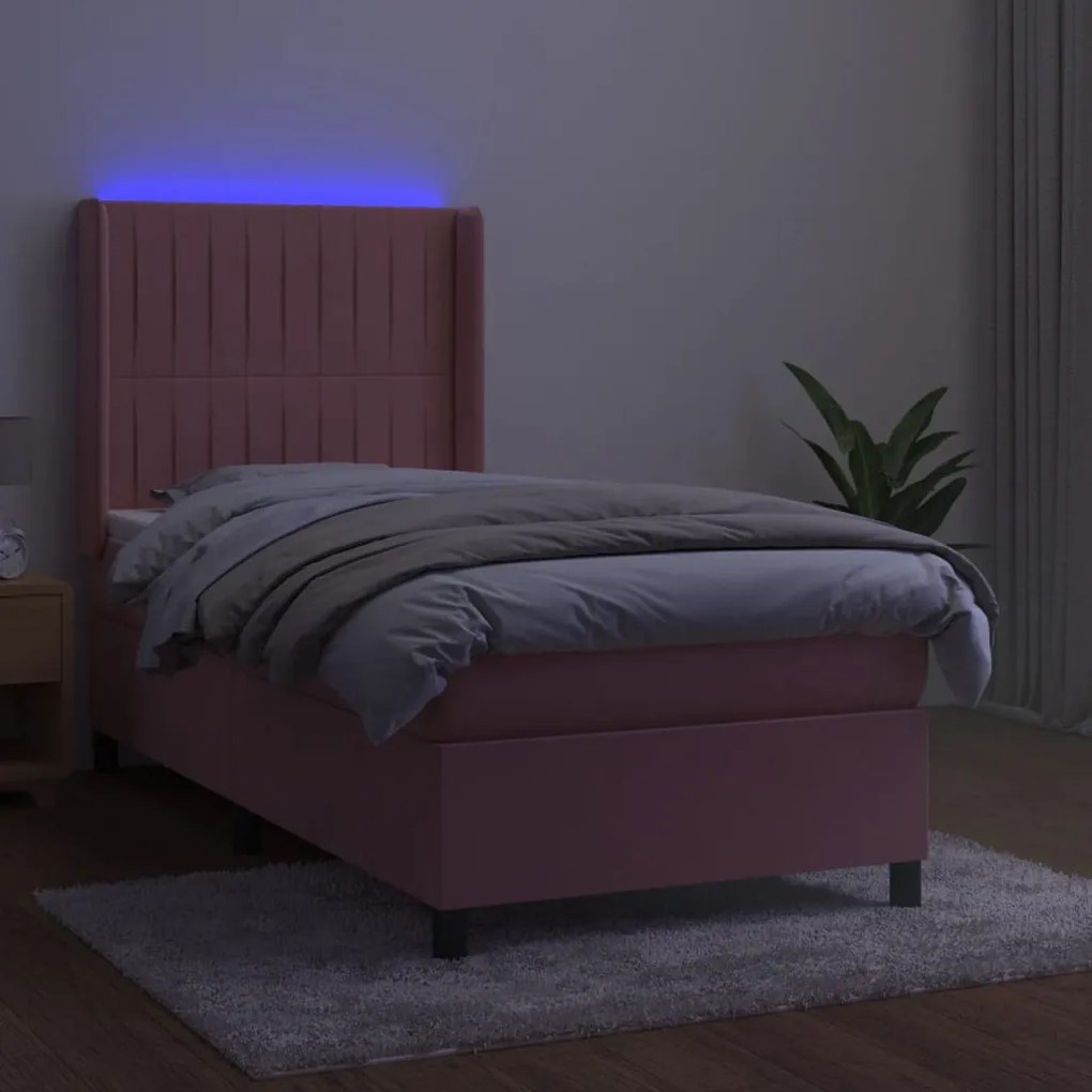 Letto a molle con materasso e led rosa 90x200 cm in velluto