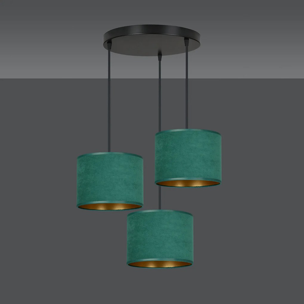 Lampadario Tondo 3 Luci Ganesha In Acciaio Nero E Paralumi In Tessuto Verde