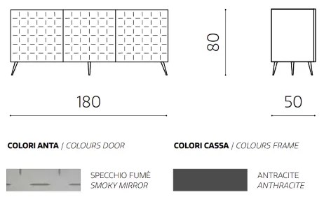 Madia con scocca Antracite 180 cm a 3 ante con specchio rivestito Fumč CASSIA con 5 piedini