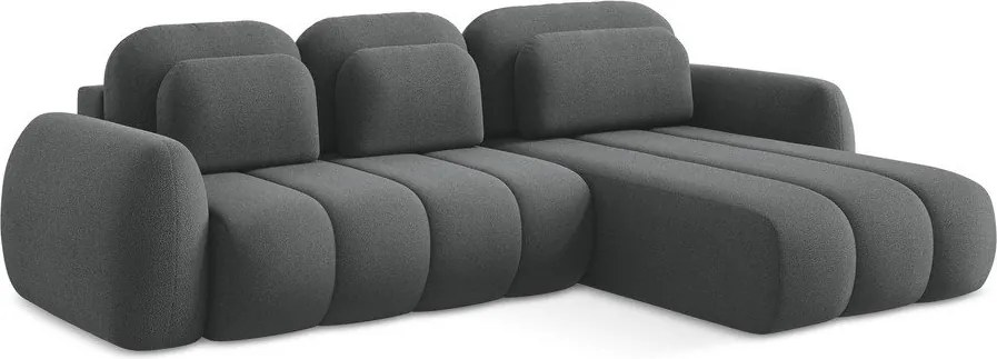 Divano angolare grigio scuro allungabile/con contenitore (con penisola a destra/con chaise lounge) con rivestimento in bouclé Pele – Makamii