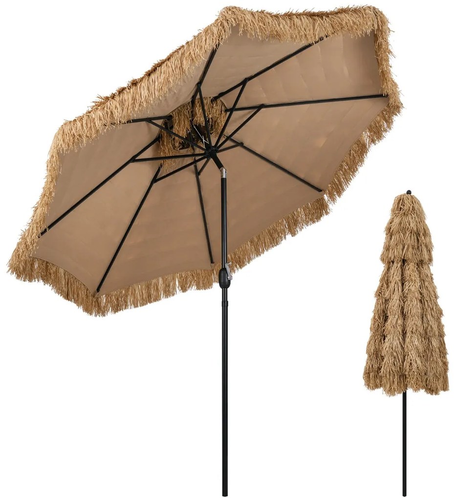 Costway Ombrellone da spiaggia con manovella facile da tavolo da patio a doppio livello, Ombrellone tiki di paglia 299 cm Naturale