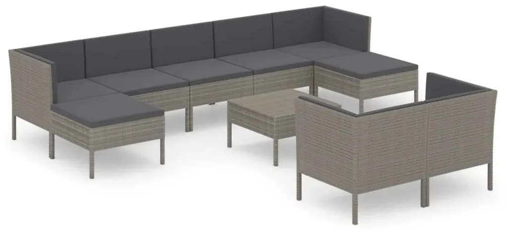 Set Divani da Giardino 10 pz con Cuscini in Polyrattan Grigio