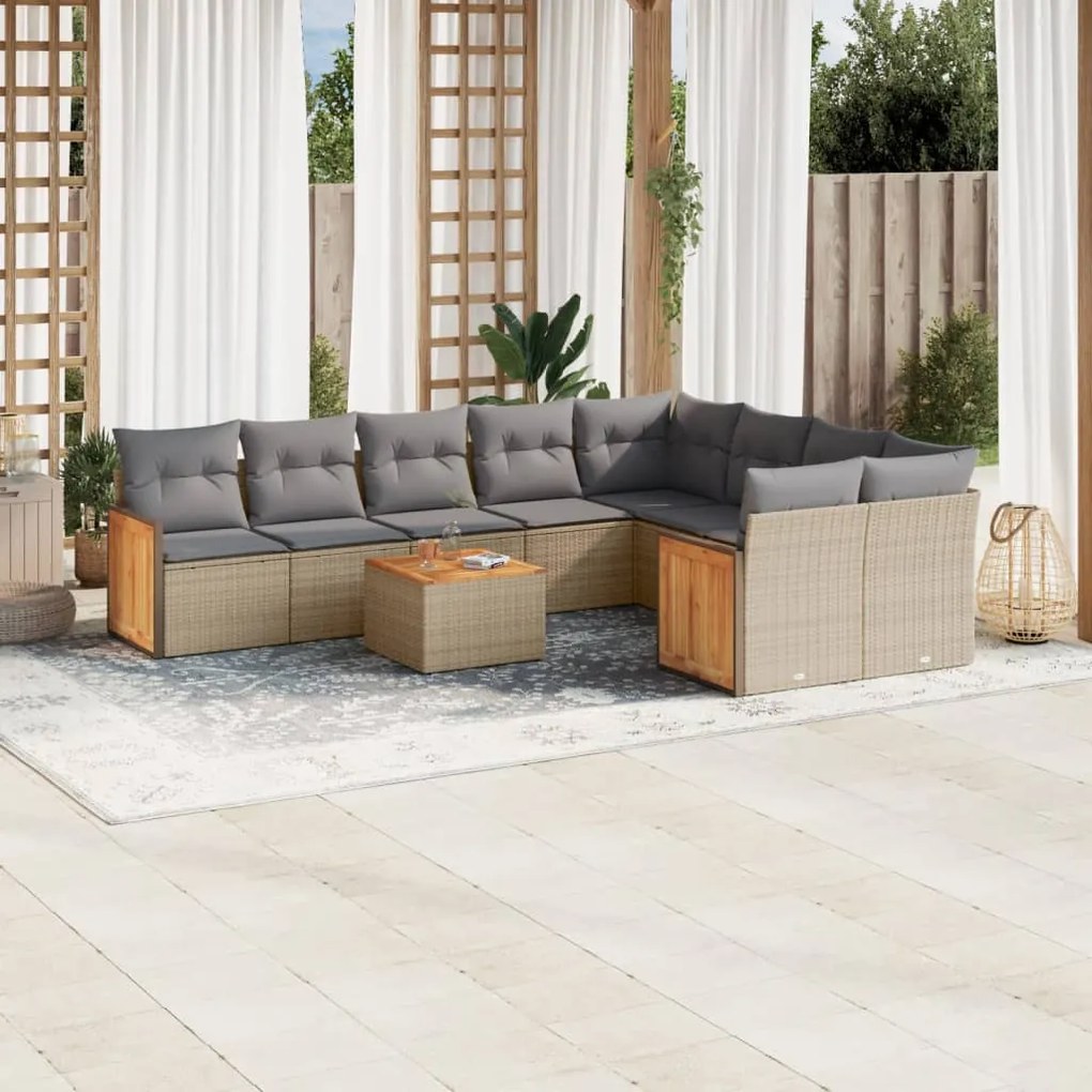 Set Divano da Giardino 10 pz con Cuscini Beige in Polyrattan