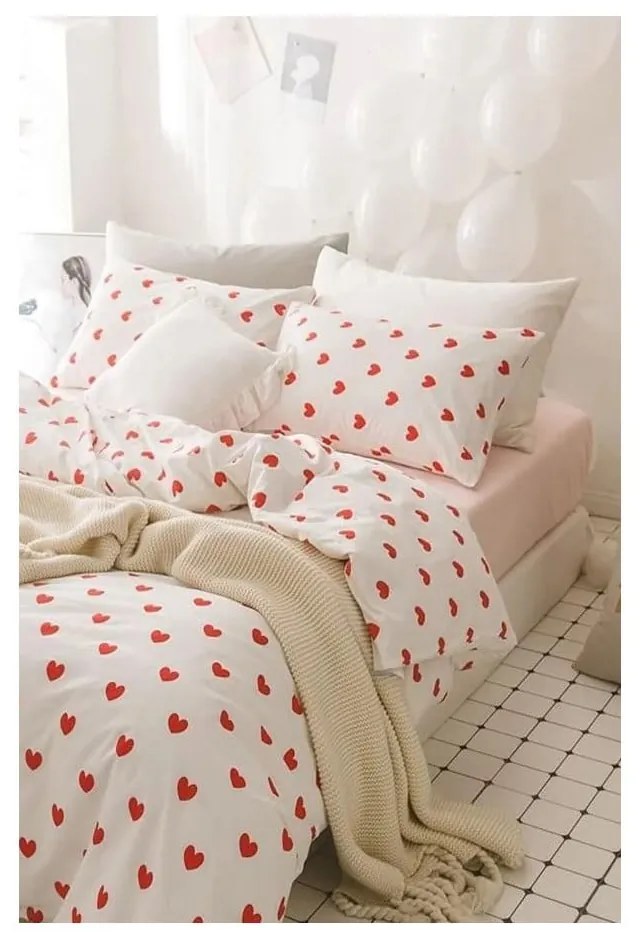 Biancheria da letto matrimoniale color panna in cotone Renforcé con un lenzuolo 4 pezzi 200x220 cm Mini Hearts - Mila Home
