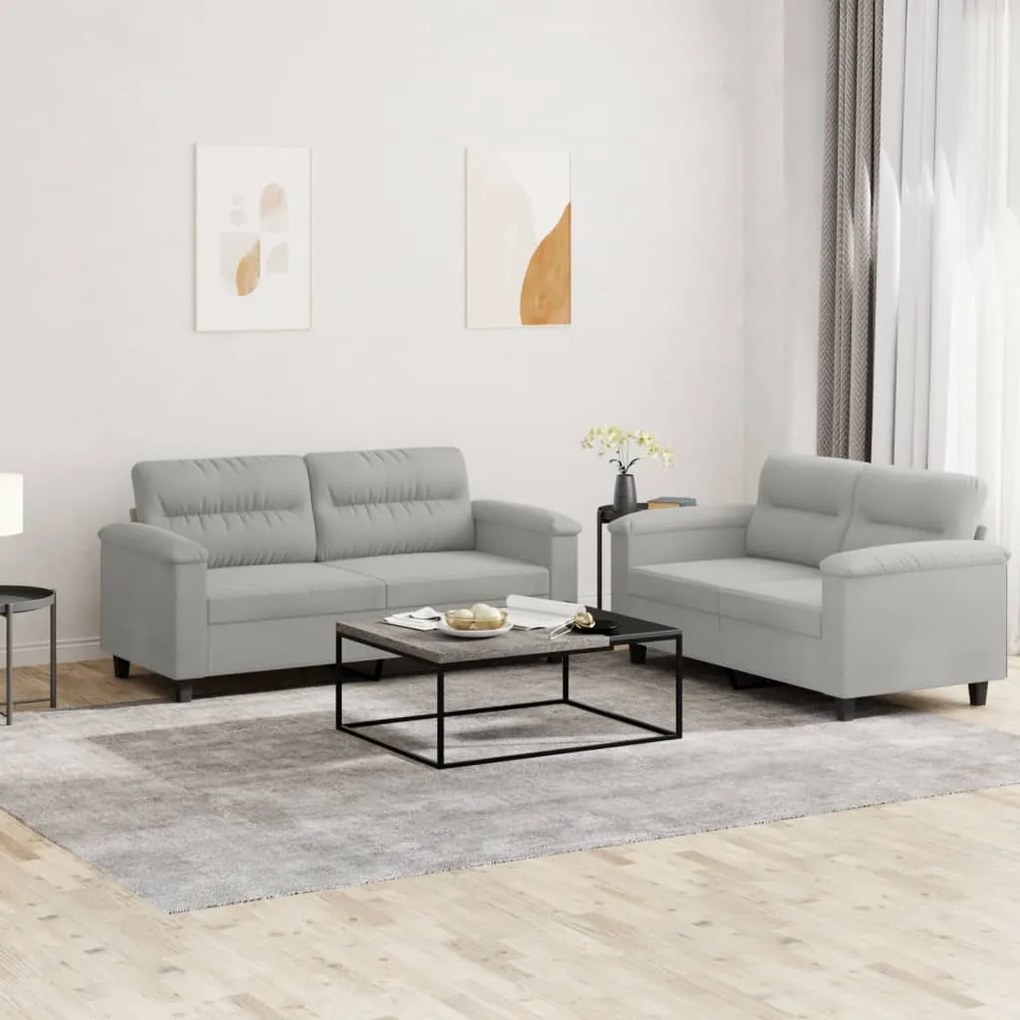 Set Divani 2 Pz Con Cuscini Grigio Chiaro İn Tessuto Microfibra /