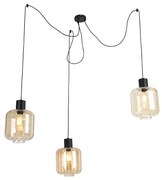 Lampada a sospensione di design nera con vetro ambrato 3 luci 226 cm - Qara