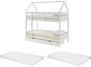 Letto a castello capanna 2 x 90 x 190 cm 2 cassetti Pino Bianco + Materasso - CHORI