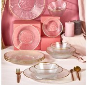 Set da tavola 18 pezzi in vetro trasparente con finiture dorate