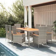 Set da pranzo da giardino 9 pz con cuscini in polyrattan grigio