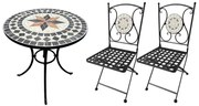 Set tavolo rotondo 60 cm in mosaico di ceramica + 2 sedie pieghevoli in acciaio