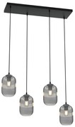 Lampadario 4 Luci Selene In Acciaio Nero E Vetri Plissettati Fumè