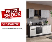 Cucina montata Dora bianco e grigio chiaro, lavello a destra, L 195 cm, completa di: cappa a camino, piano cottura a gas e forno