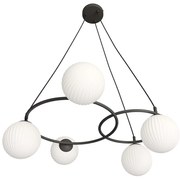 Lampadario 5 Luci Eolo A Cerchi E Diffusori In Vetro Rigato Opale