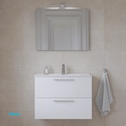 Mobile Bagno Sospeso "Mia" Da 80 Cm Composto Da Due Cassetti Lavabo E Specchio Con Lampada Led Finitura Bianco Lucido