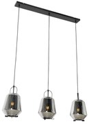 Lampada a sospensione nera con vetro fumé 23 cm oblungo 3 luci - Kevin