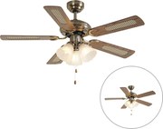 Ventilatore da soffitto in ottone con stampa legno e rattan 105 cm con interruttore a tirante - Mistral Lia