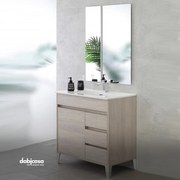 Mobile Bagno A Terra "Mondo 2.0" Da 80 Cm Composto Da Un'Anta E Tre Cassetti Lavabo E Specchio Finitura Rovere Chiaro