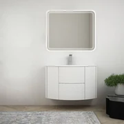 Mobile bagno sospeso curvo 75 cm bianco lucido in lavabo ceramica colonna  140 cm e specchio LED Mod. Berlino