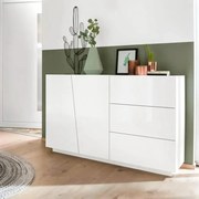 Credenza moderna VEGA con 2 ante battenti e 3 cassetti, bianco lucido 140