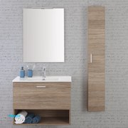 Mobile Bagno Sospeso "Greta" Da 80 Cm Composto Da Un Cassetto Ed Un Vano A Giorno Lavabo E Specchio Con Lampada Led Finitura Rovere Tropea