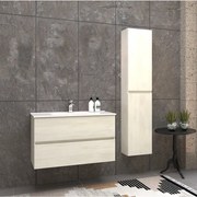 Mobile per bagno 90 cm bianco larice sospeso doppio cassetto Mod. Roxy con colonna da 162 cm