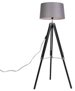 Lampada da terra treppiede nera con paralume 45 cm lino grigio scuro