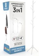 Appendiabiti in legno naturale, 8 ganci, modulare, 174 cm, Bianco