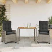 Set da pranzo da giardino 3 pz con cuscini in polyrattan grigio