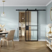 Porta scorrevole reversibile Tamara in alluminio nero e trasparente, L 86 x H 215 cm, con binario Indus