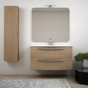 Mobile bagno Rovere tabacco 100 cm sospeso bombato modello Berlino con specchio filo lucido e colonna da 140 cm