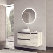 Mobile Bagno Sospeso "Cube" Da 91 cm Composto Da Due Cassetti Ed Un Anta Laterale Completo Di Lavabo D'appoggio E Specchio Retroilluminato