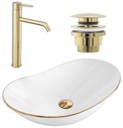 Set Lavabo da appoggio Royal gold edge + Rubinetto da bagno Lungo gold + Tappo gold