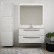 Mobile per bagno bianco lucido 100 cm sospeso bombato - Berlino con specchio led e colonna da 170 cm