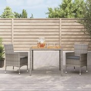 Set da pranzo da giardino 3 pz con cuscini in polyrattan grigio